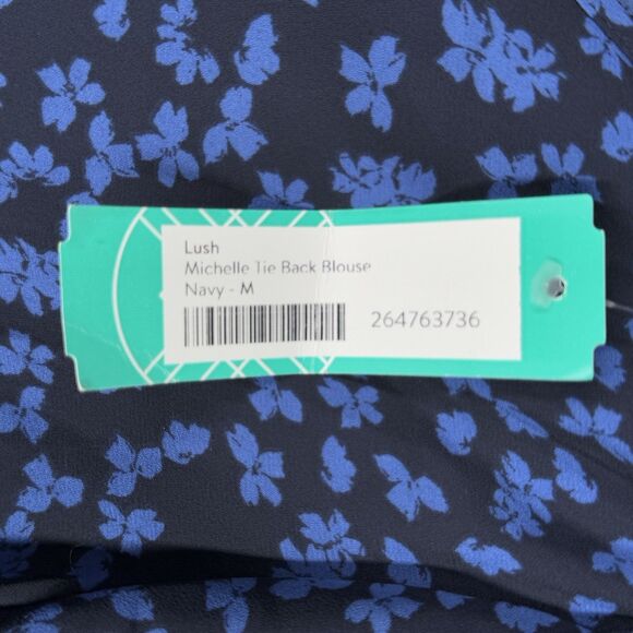 Lush Shirt Medium Blue Micro Floral Flower Michelle Tie Back Blouse Boho Peasant - Picture 8 of 9